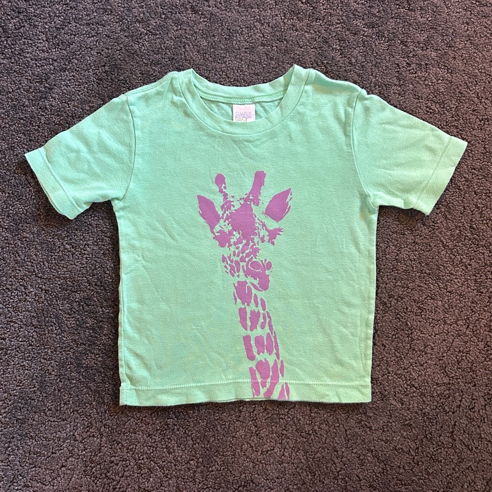 Soft Mint Green Kids Tee with a Playful Hand-Printed Purple Giraffe Design